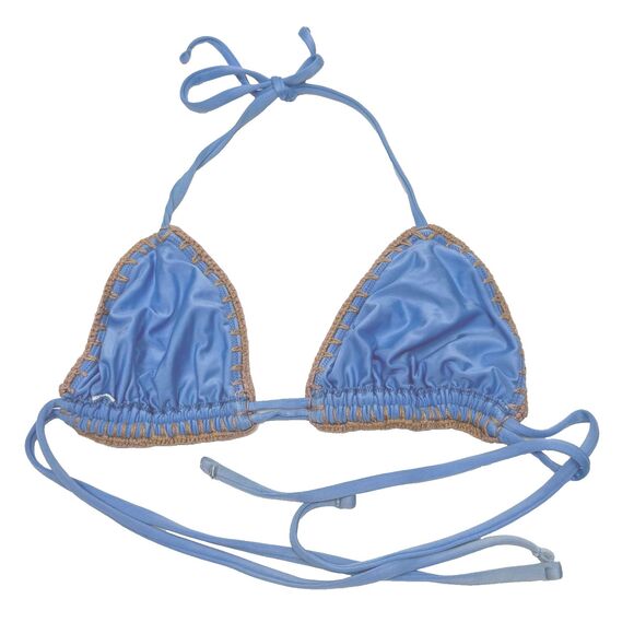 Crochet Boho Bikini Top Light Blue Triangle Swimwear Medium Festival Beachwear - Picture 3 of 4